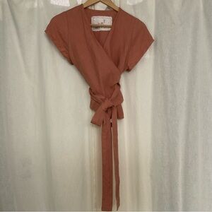 notPERFECTLINEN Linen wrap top MADRID, Canyon Clay, M, cross front, cap sleeves